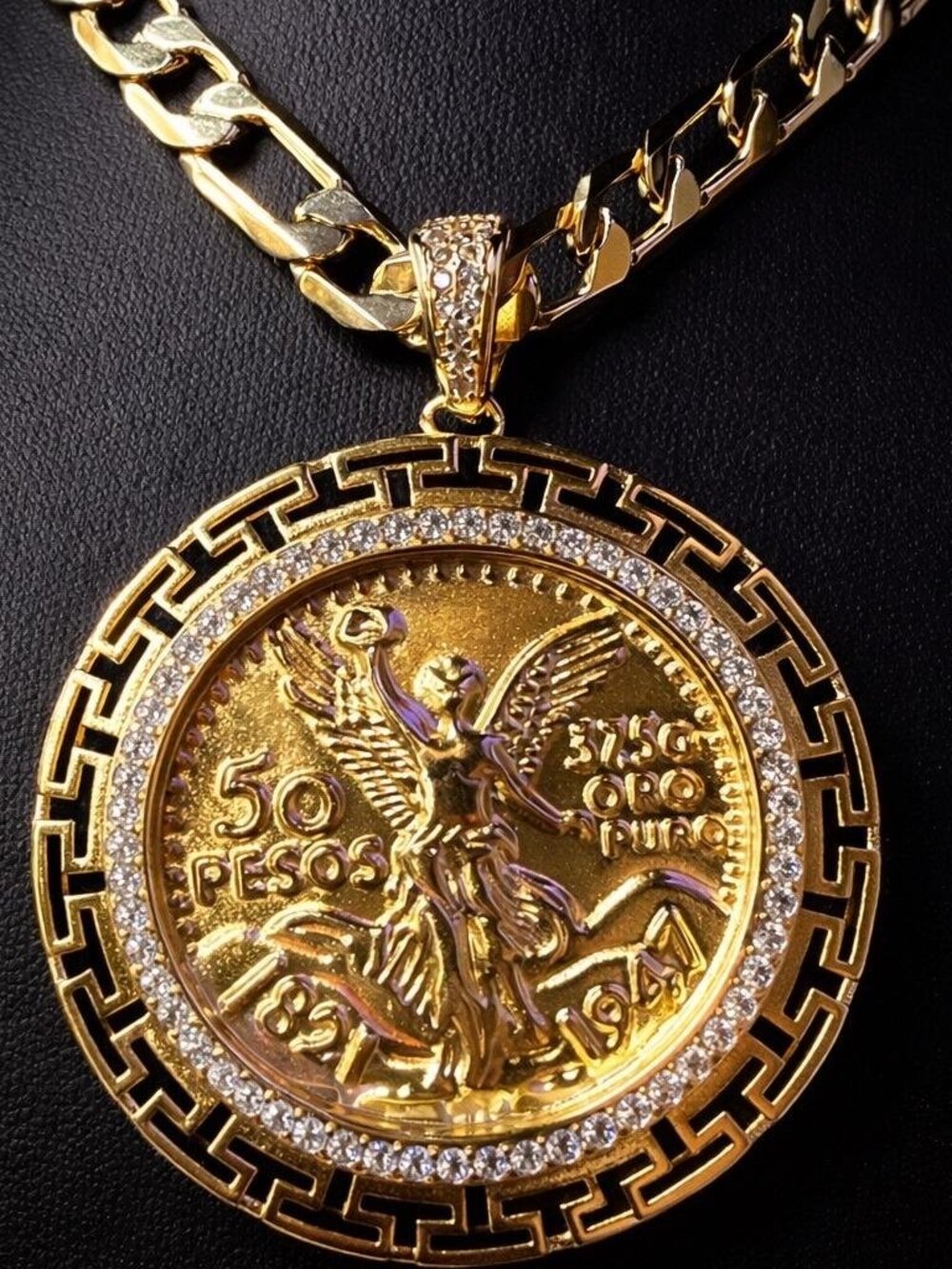 14K GP Mexican Centenario 50 CZ Pendant with Figaro Link Chain 24" 7mm